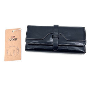 S-ZONE Womens Black Genuine Leather Tri-Fold Long Wallet